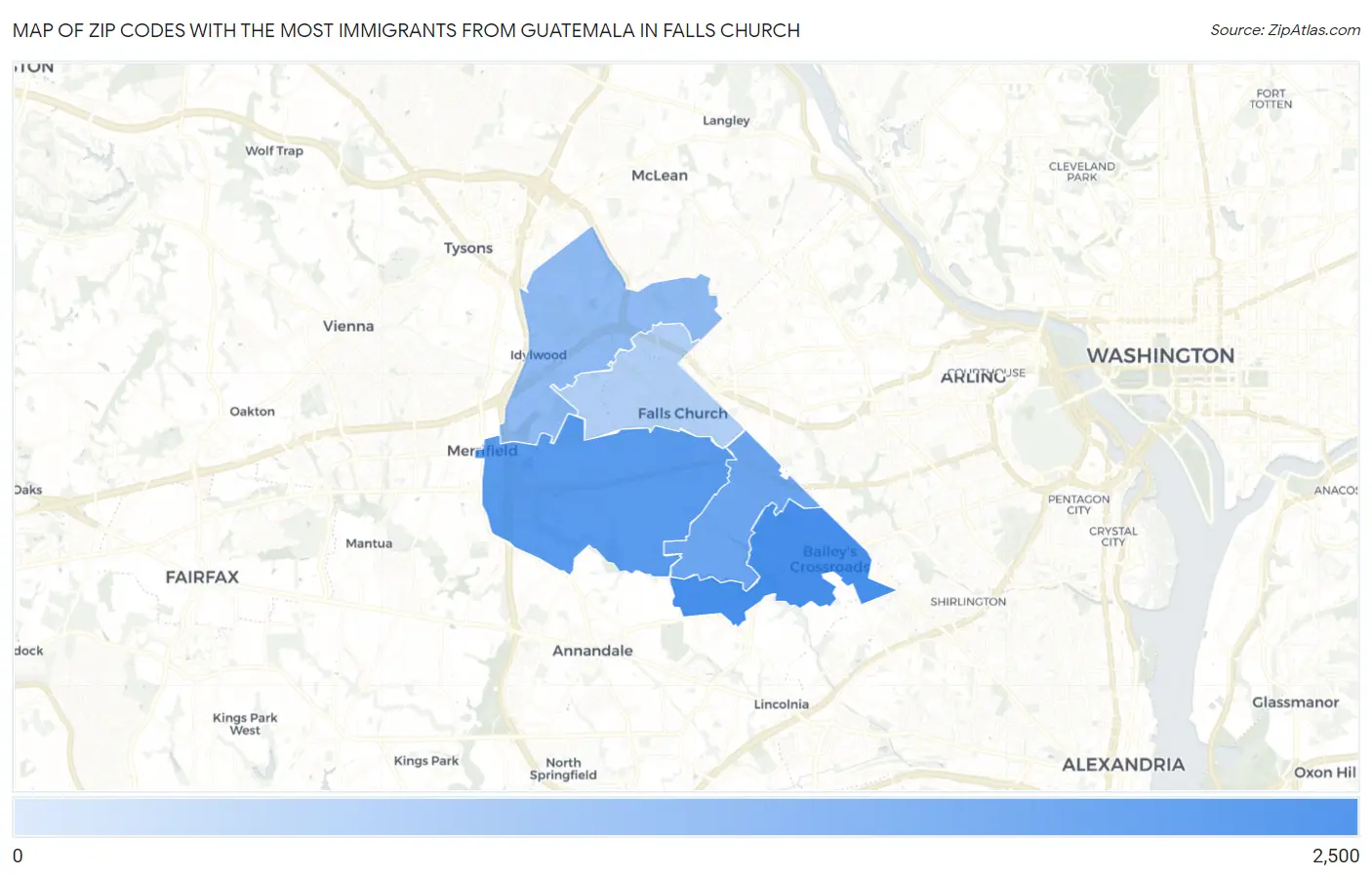 Zip Codes with the Most Immigrants from Guatemala in Falls Church Map