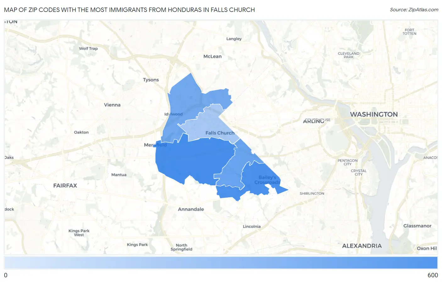Zip Codes with the Most Immigrants from Honduras in Falls Church Map