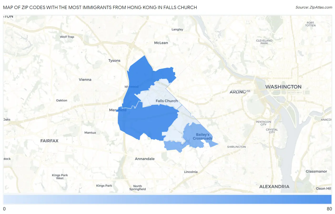 Zip Codes with the Most Immigrants from Hong Kong in Falls Church Map