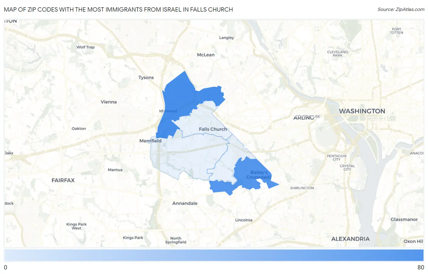 Zip Codes with the Most Immigrants from Israel in Falls Church Map