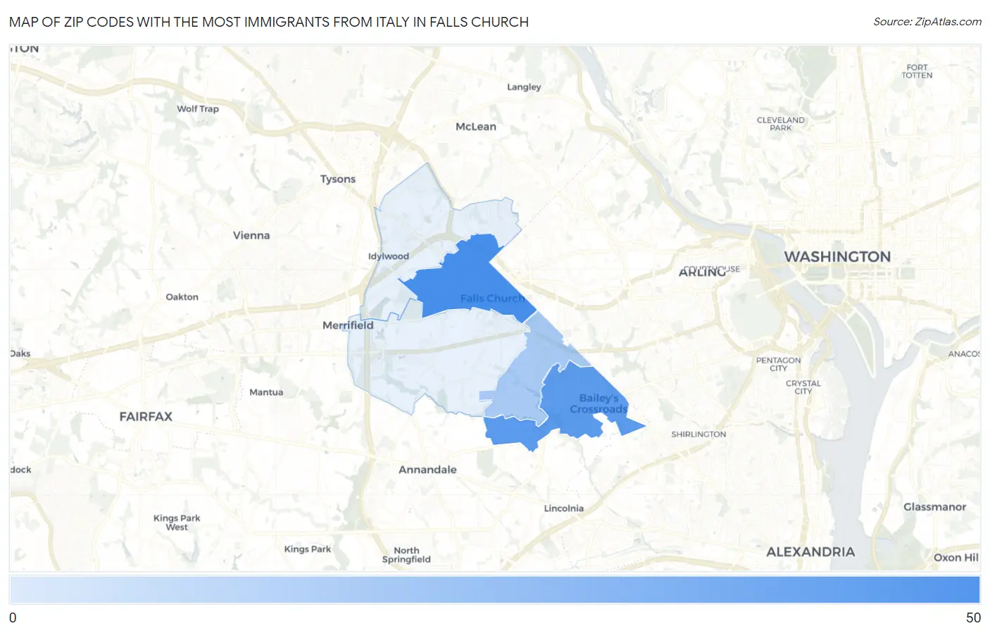 Zip Codes with the Most Immigrants from Italy in Falls Church Map