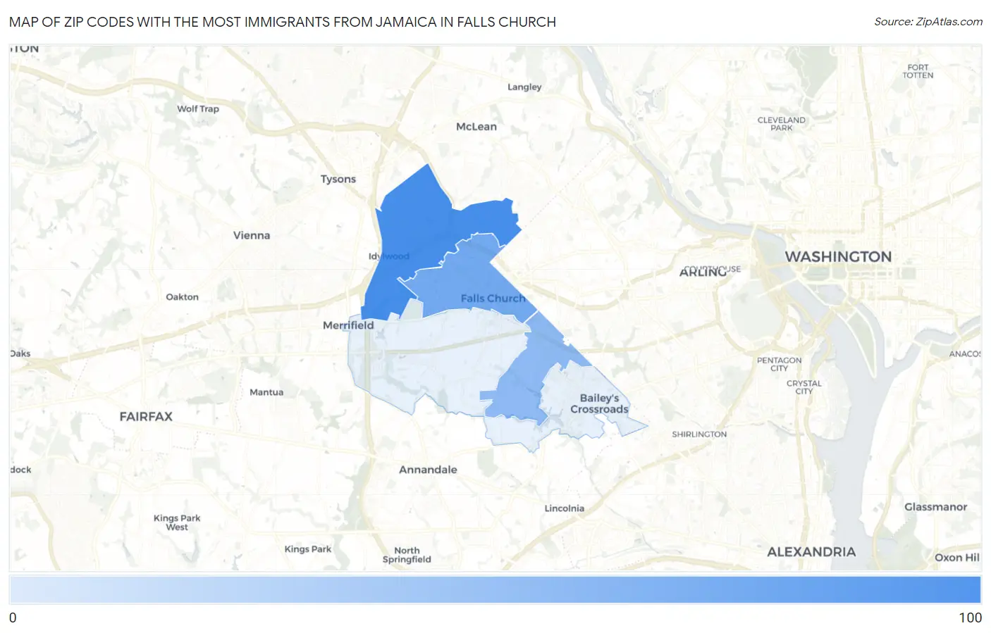 Zip Codes with the Most Immigrants from Jamaica in Falls Church Map