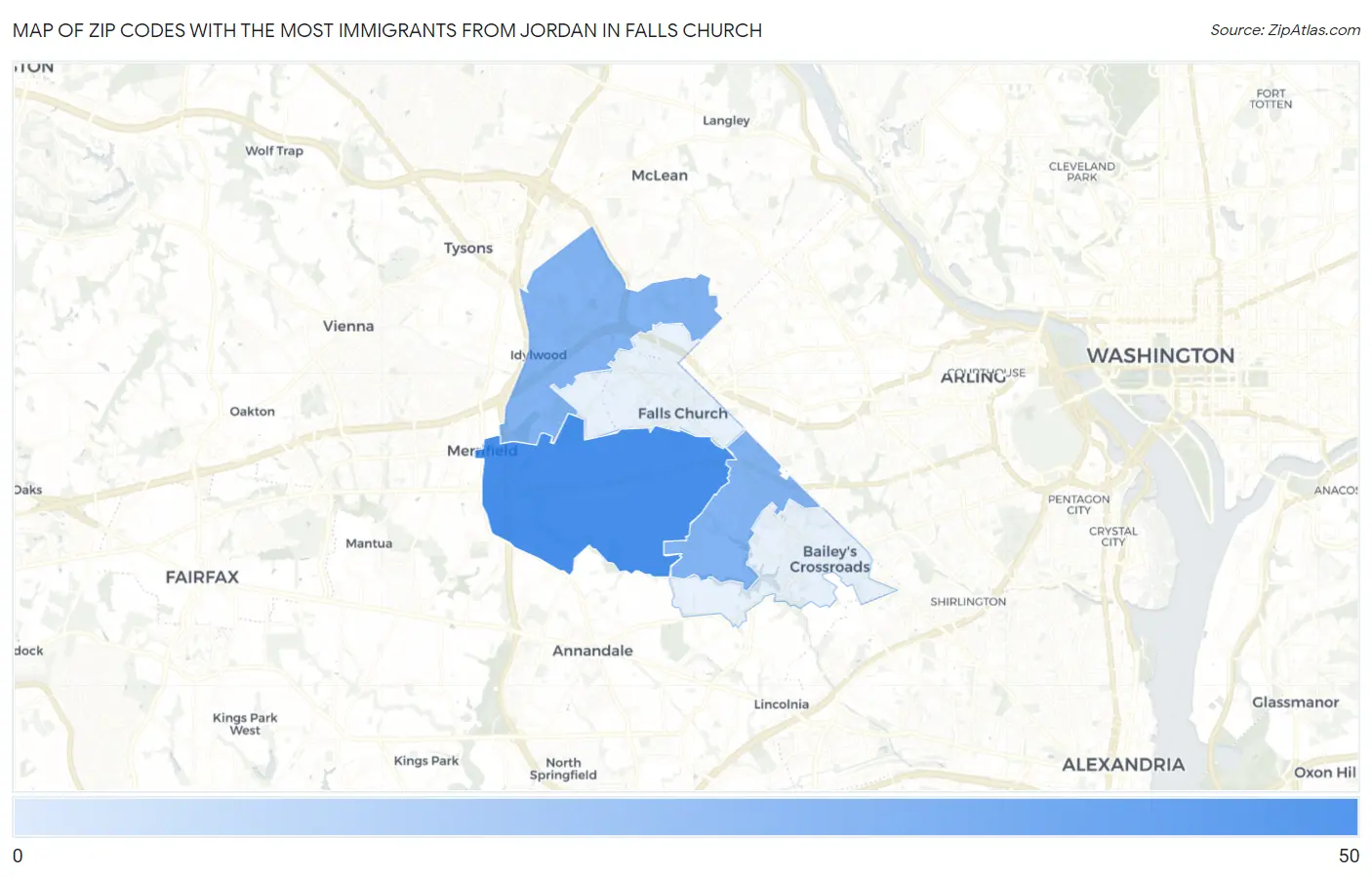Zip Codes with the Most Immigrants from Jordan in Falls Church Map