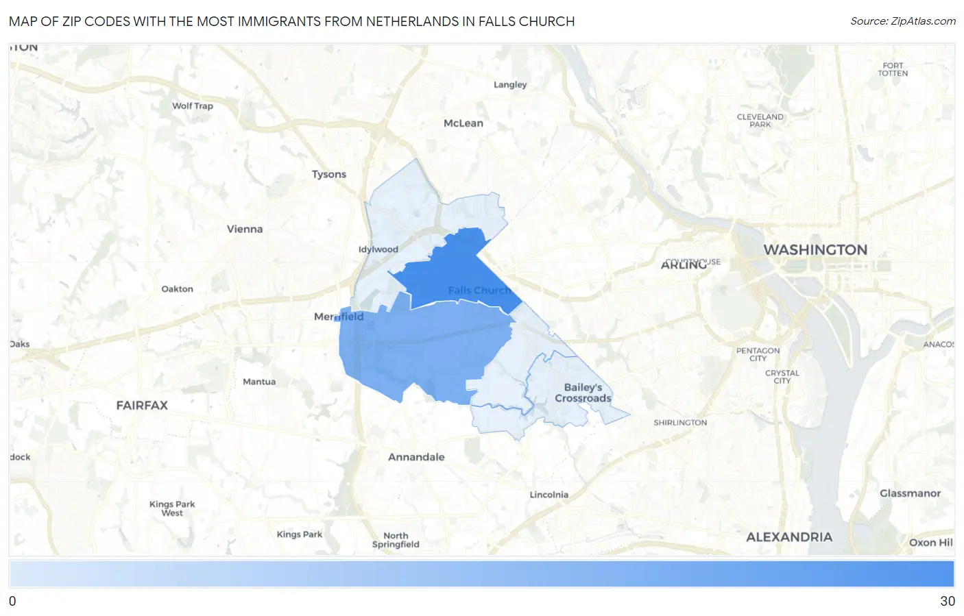 Zip Codes with the Most Immigrants from Netherlands in Falls Church Map