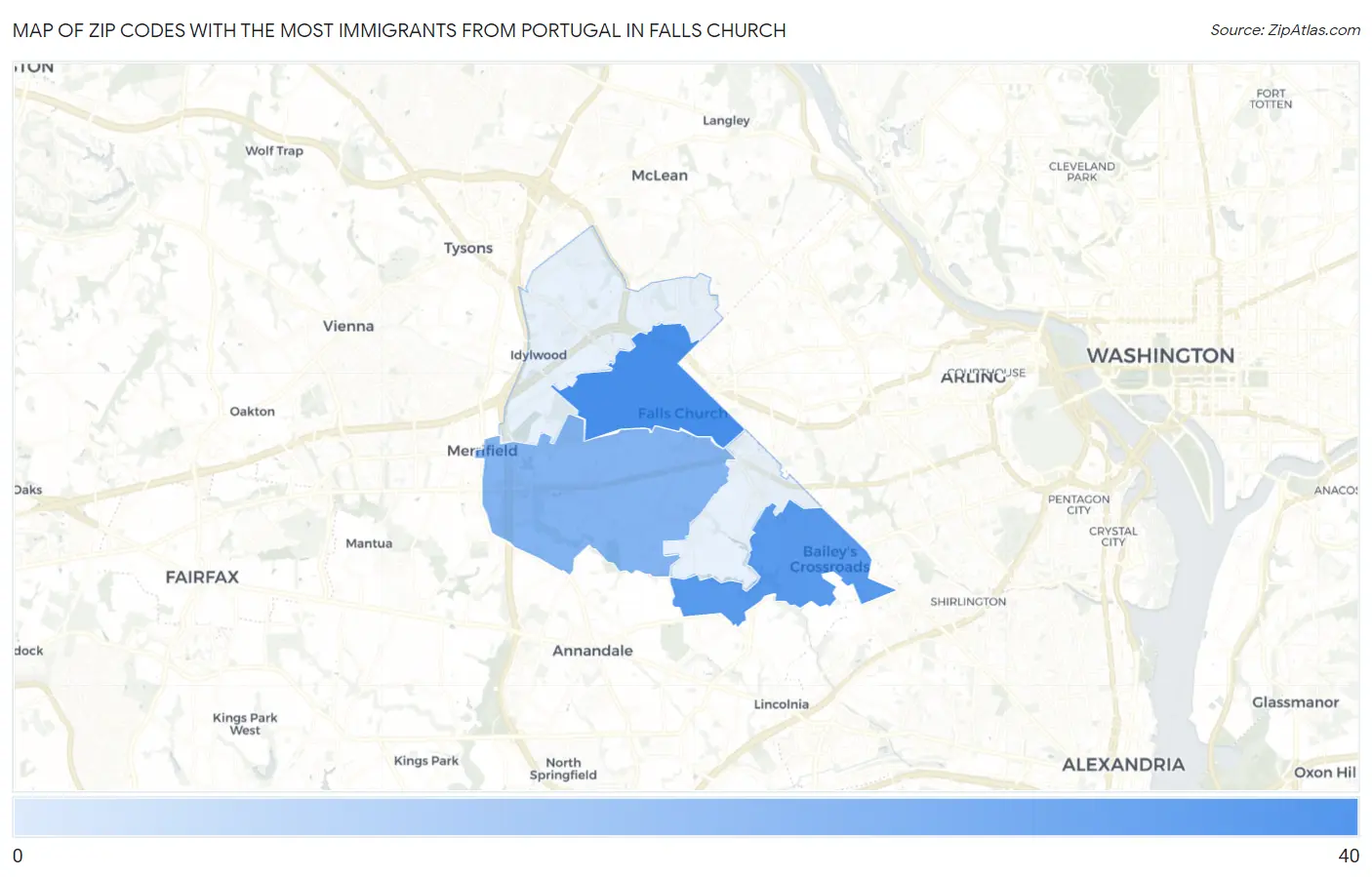 Zip Codes with the Most Immigrants from Portugal in Falls Church Map