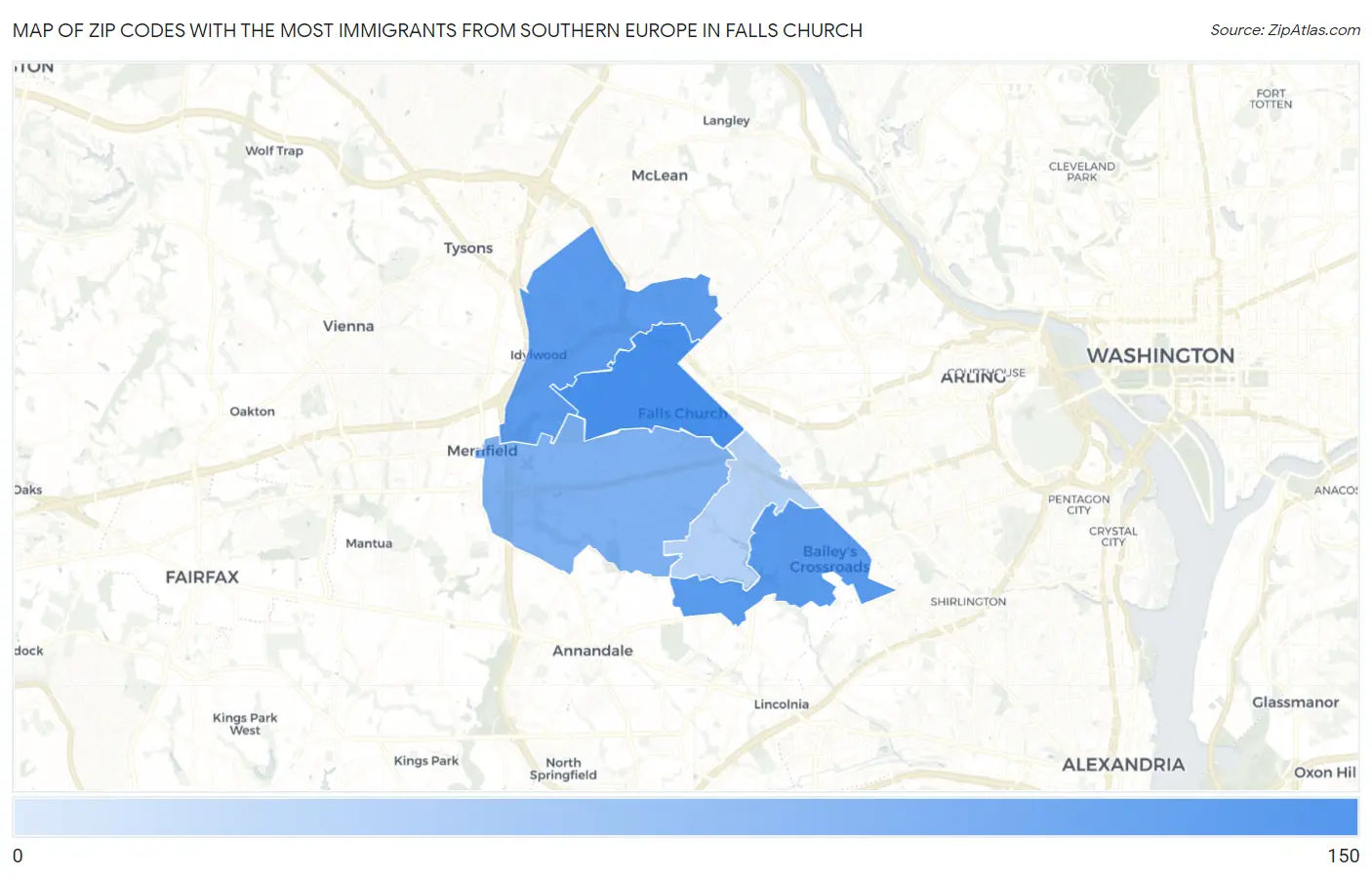 Zip Codes with the Most Immigrants from Southern Europe in Falls Church Map