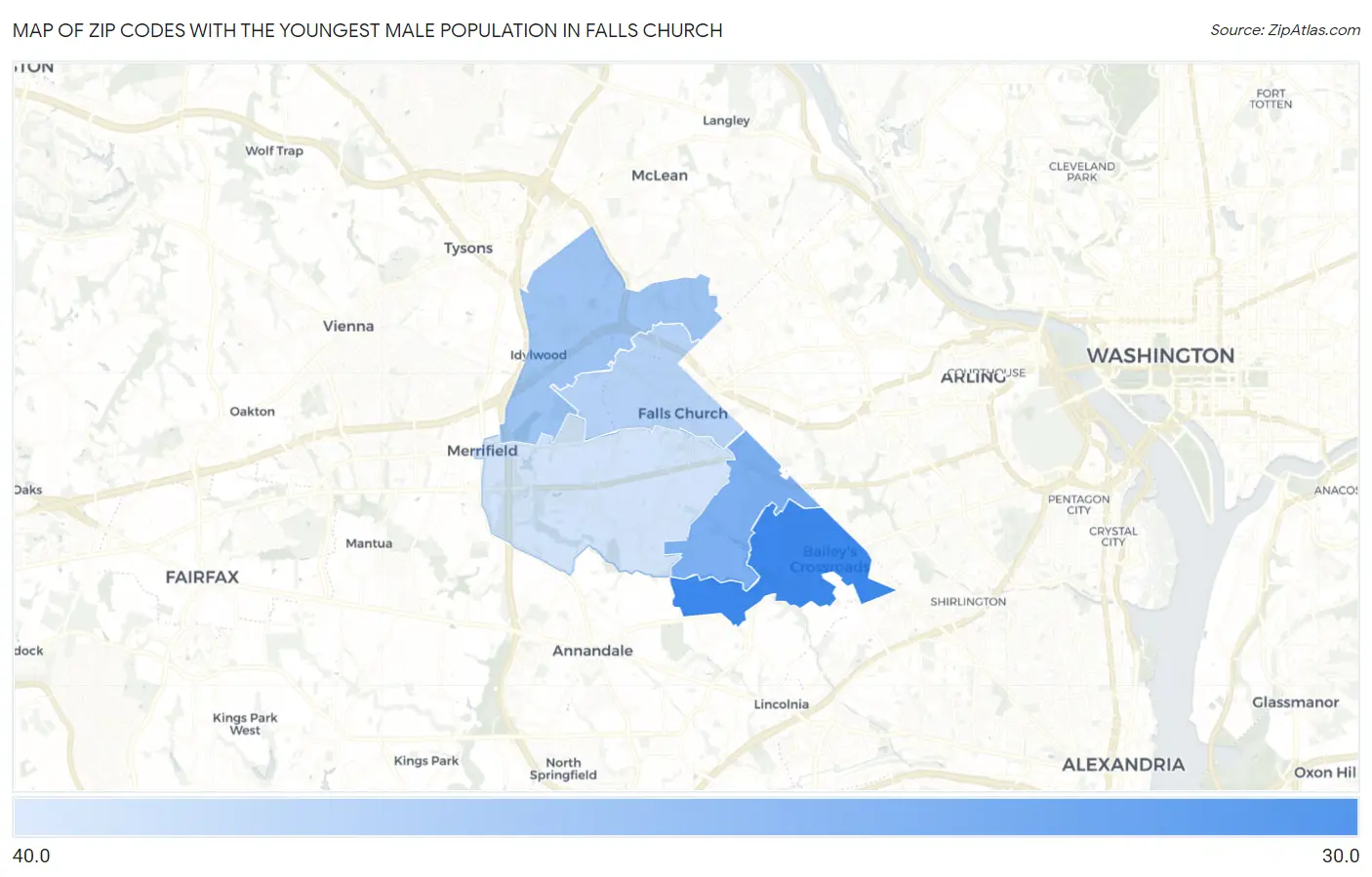 Zip Codes with the Youngest Male Population in Falls Church Map