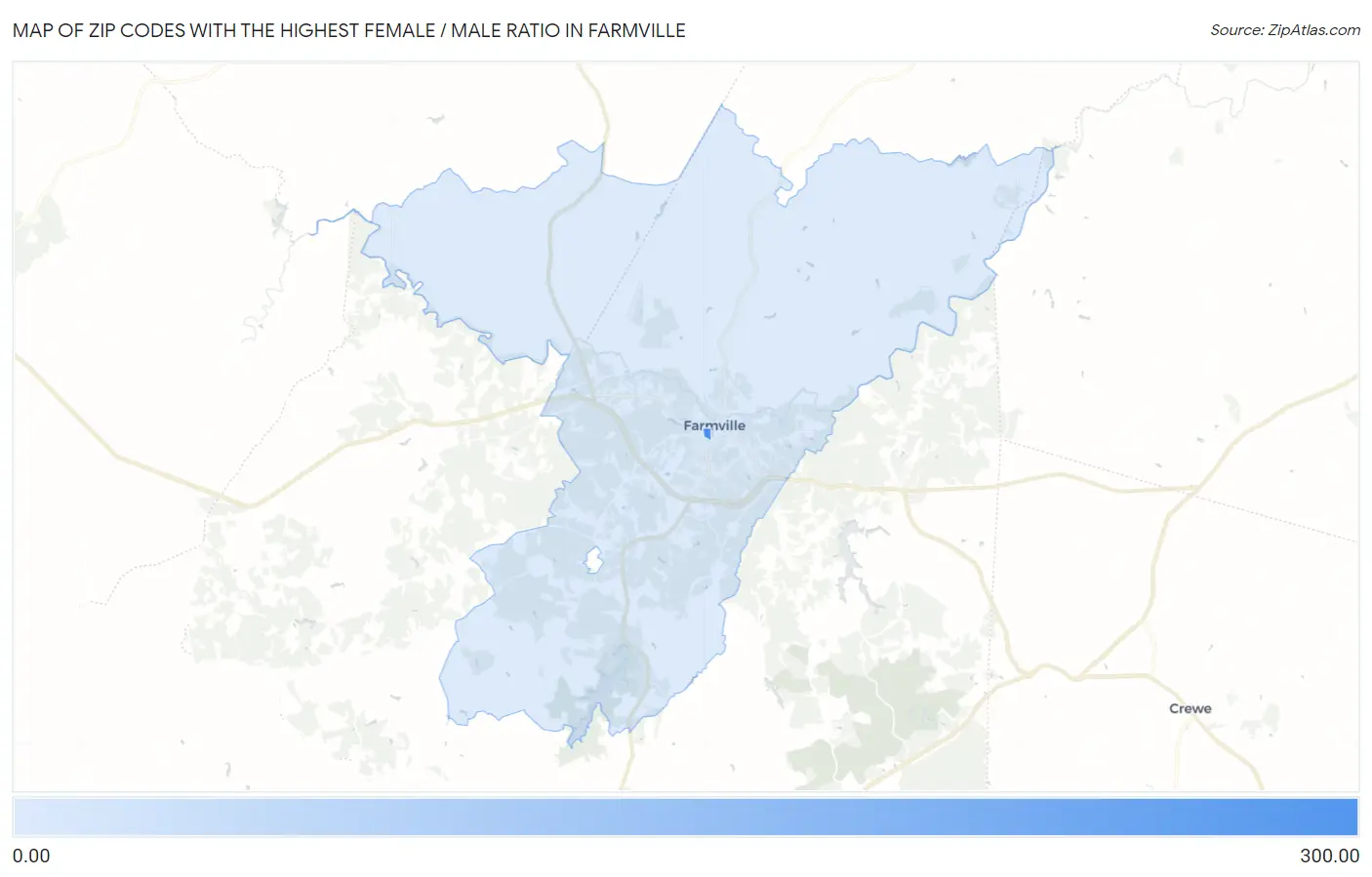 Zip Codes with the Highest Female / Male Ratio in Farmville Map