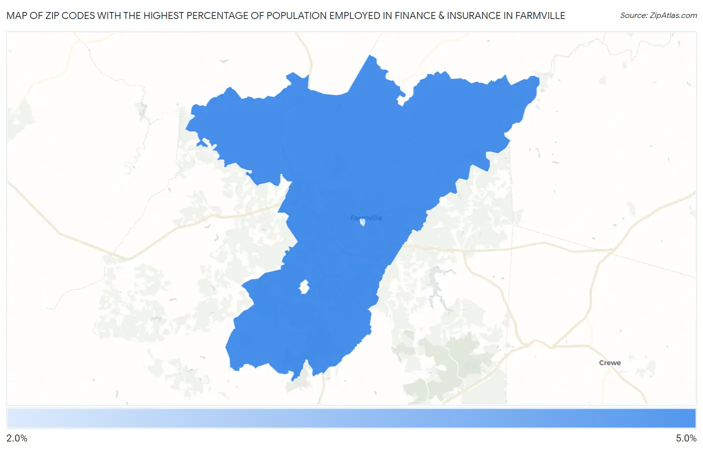 Zip Codes with the Highest Percentage of Population Employed in Finance & Insurance in Farmville Map