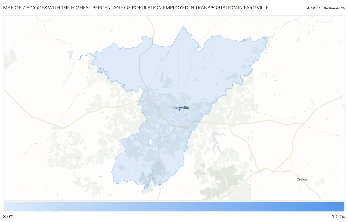 Zip Codes with the Highest Percentage of Population Employed in Transportation in Farmville Map