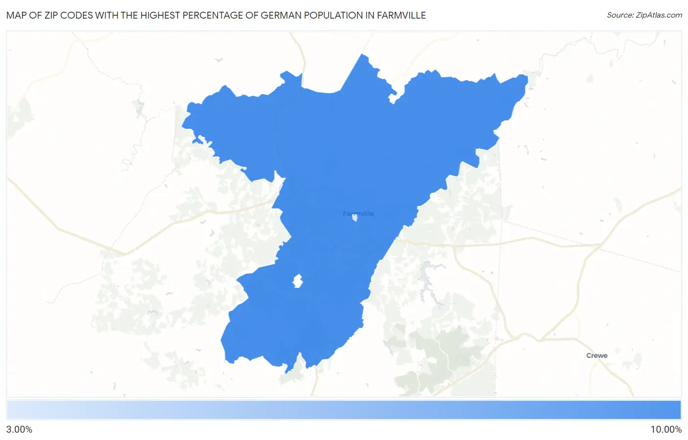 Zip Codes with the Highest Percentage of German Population in Farmville Map