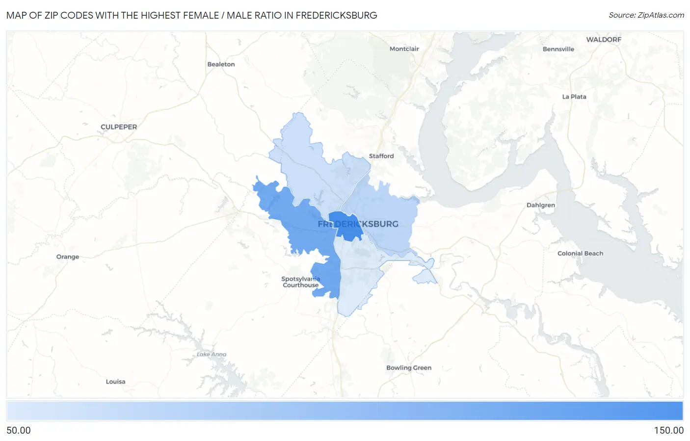 Zip Codes with the Highest Female / Male Ratio in Fredericksburg Map