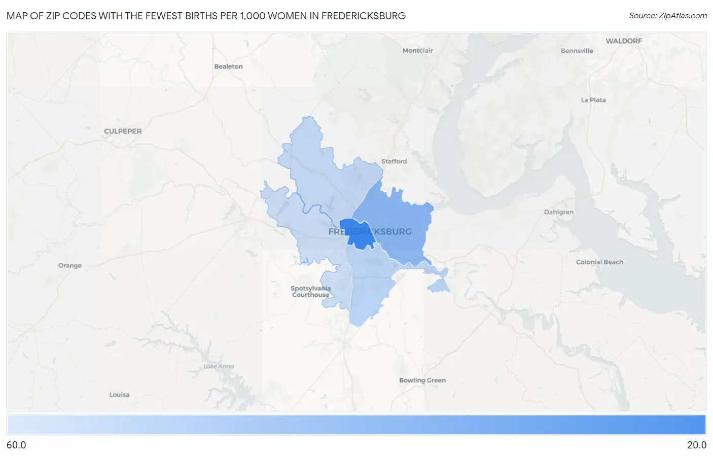 Zip Codes with the Fewest Births per 1,000 Women in Fredericksburg Map