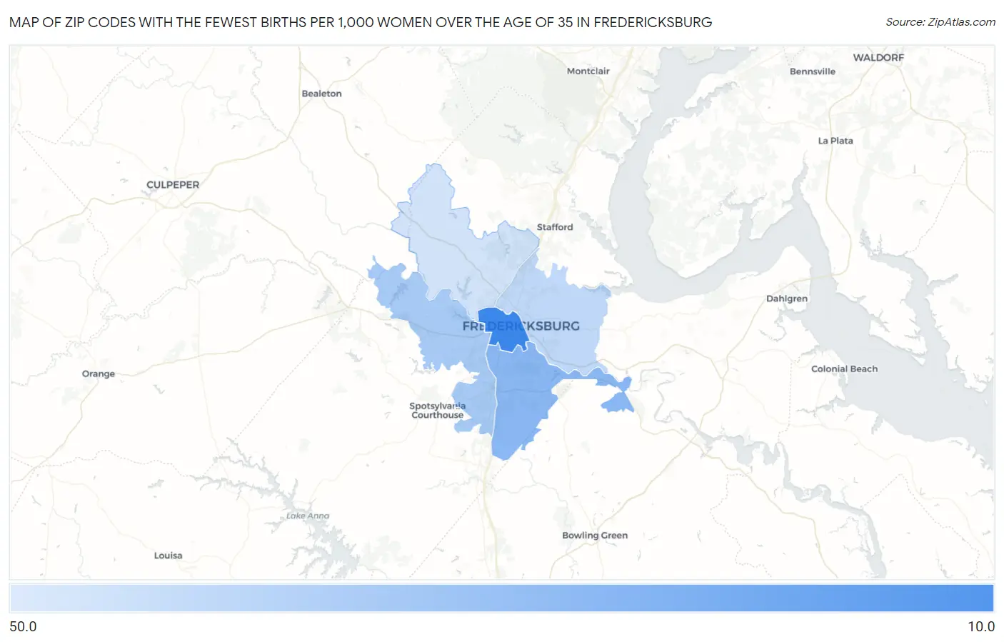 Zip Codes with the Fewest Births per 1,000 Women Over the Age of 35 in Fredericksburg Map