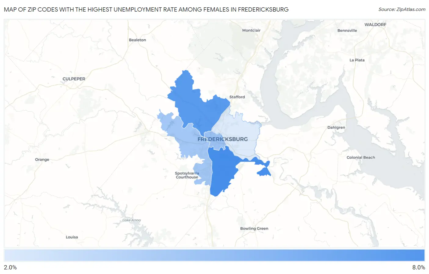 Zip Codes with the Highest Unemployment Rate Among Females in Fredericksburg Map