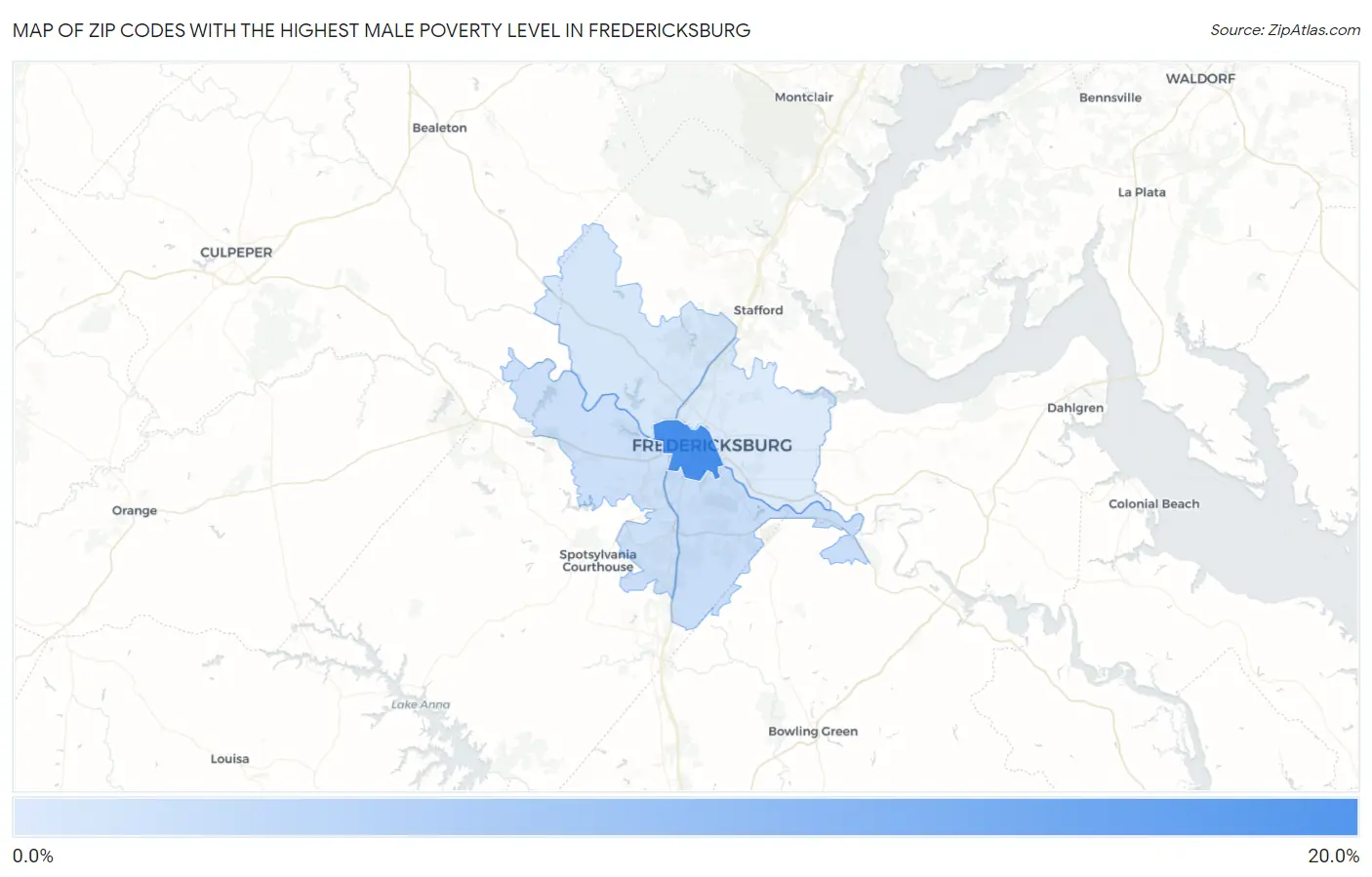 Zip Codes with the Highest Male Poverty Level in Fredericksburg Map