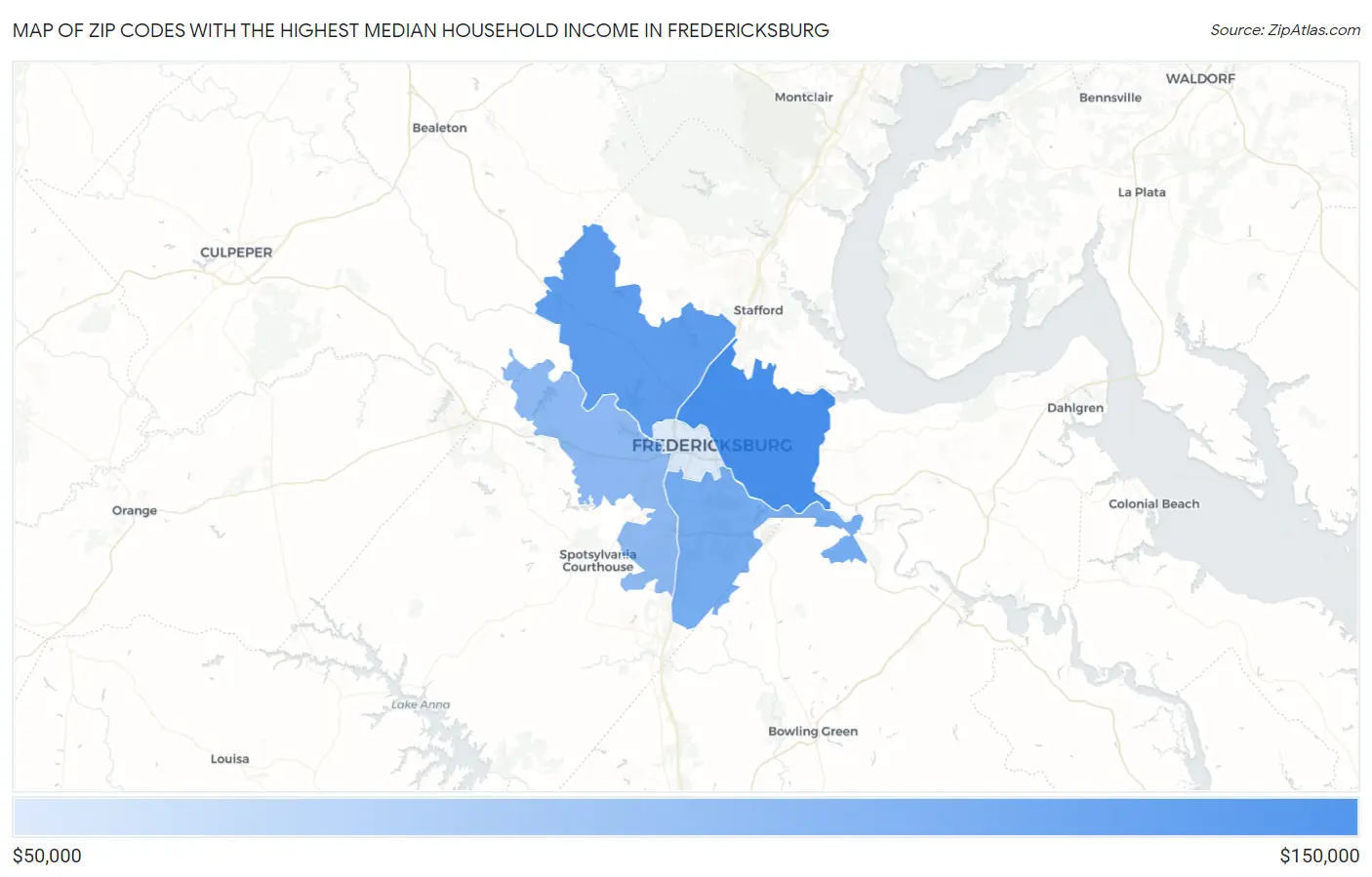 Zip Codes with the Highest Median Household Income in Fredericksburg Map