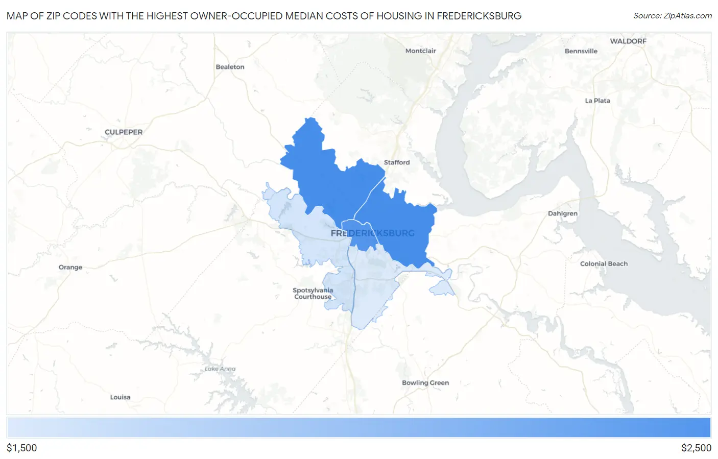 Zip Codes with the Highest Owner-Occupied Median Costs of Housing in Fredericksburg Map