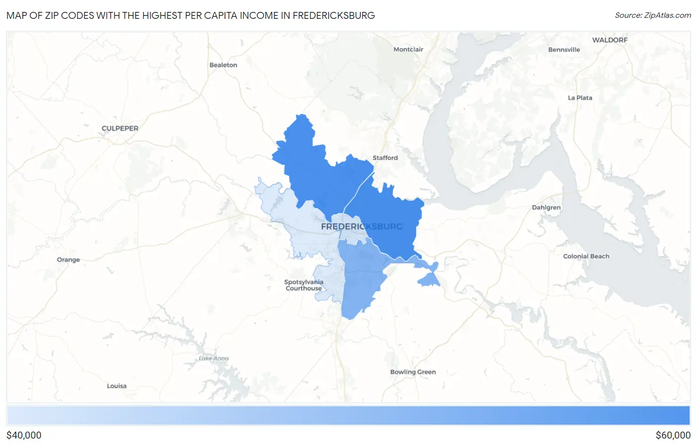 Zip Codes with the Highest Per Capita Income in Fredericksburg Map