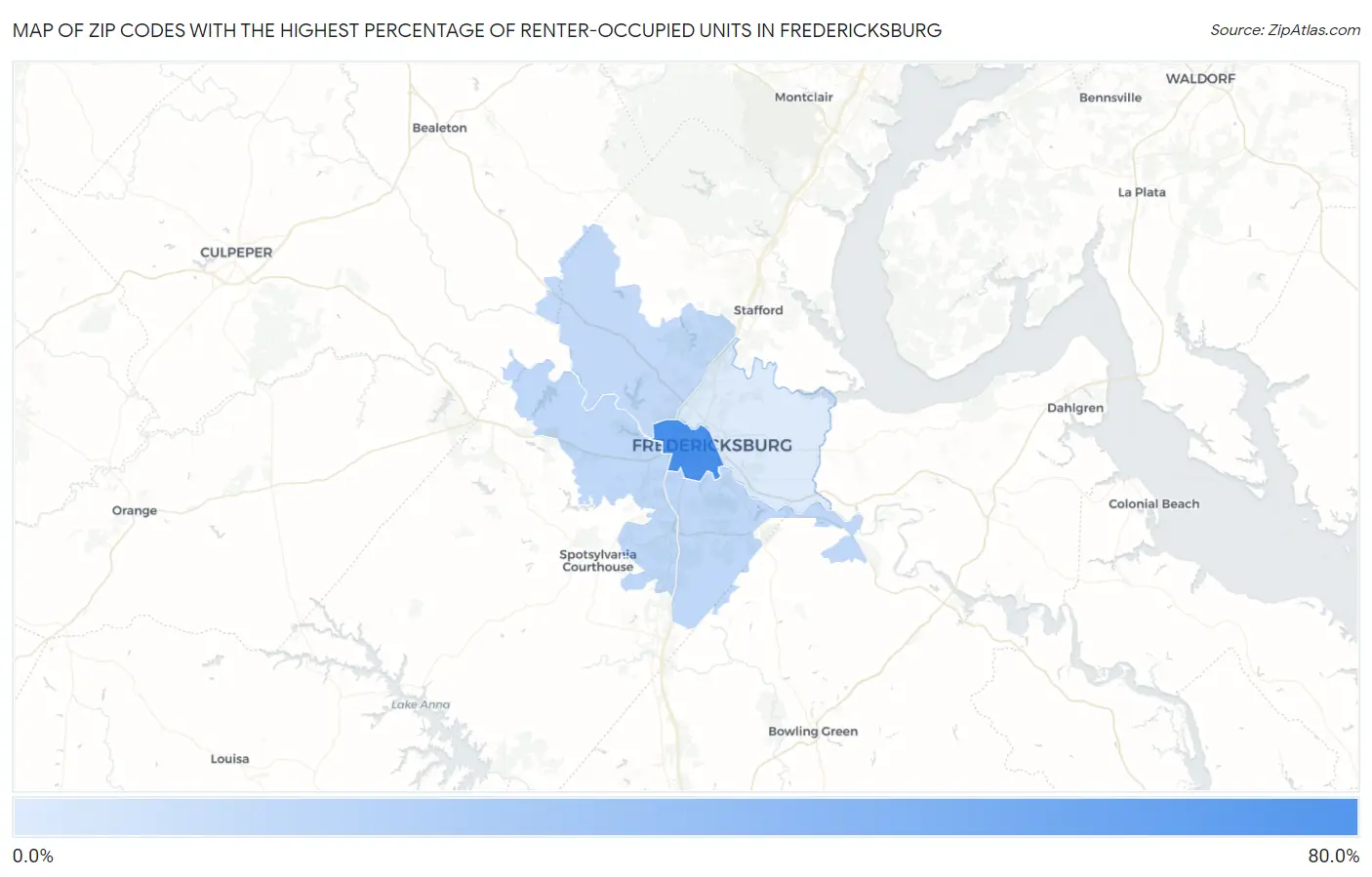 Zip Codes with the Highest Percentage of Renter-Occupied Units in Fredericksburg Map