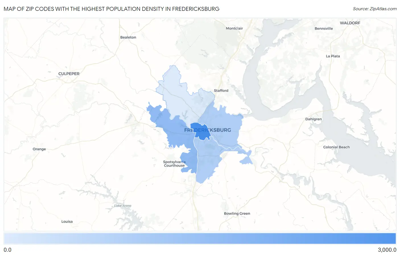 Zip Codes with the Highest Population Density in Fredericksburg Map