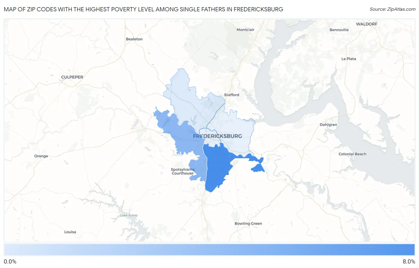 Zip Codes with the Highest Poverty Level Among Single Fathers in Fredericksburg Map
