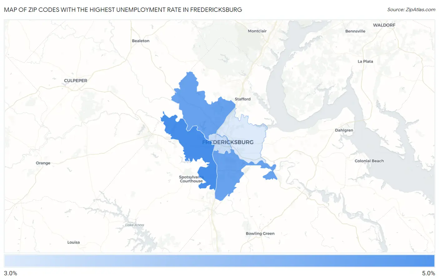 Zip Codes with the Highest Unemployment Rate in Fredericksburg Map