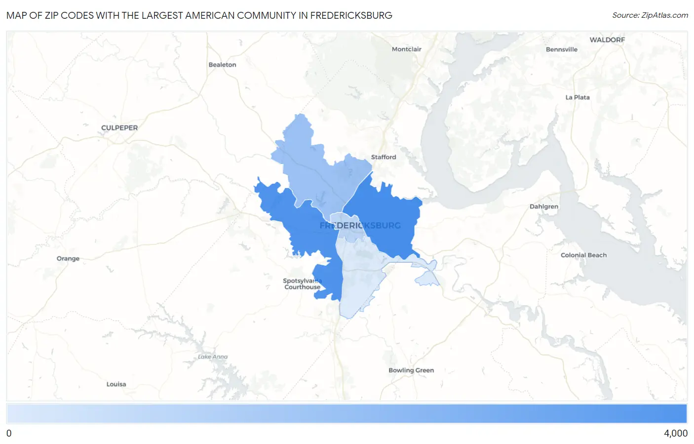 Zip Codes with the Largest American Community in Fredericksburg Map