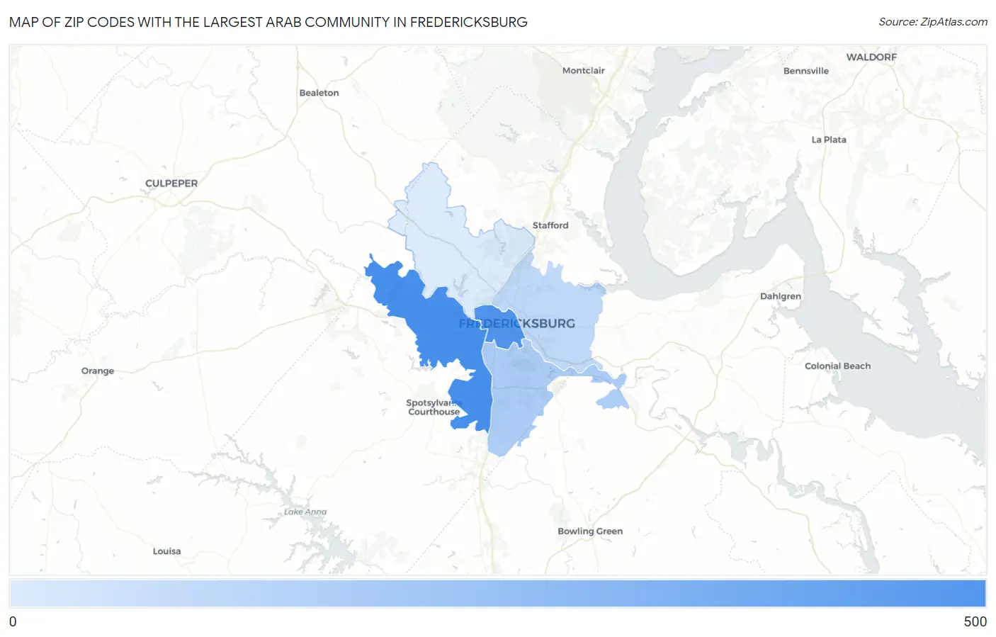 Zip Codes with the Largest Arab Community in Fredericksburg Map