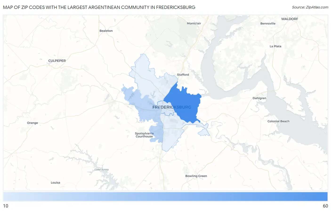 Zip Codes with the Largest Argentinean Community in Fredericksburg Map