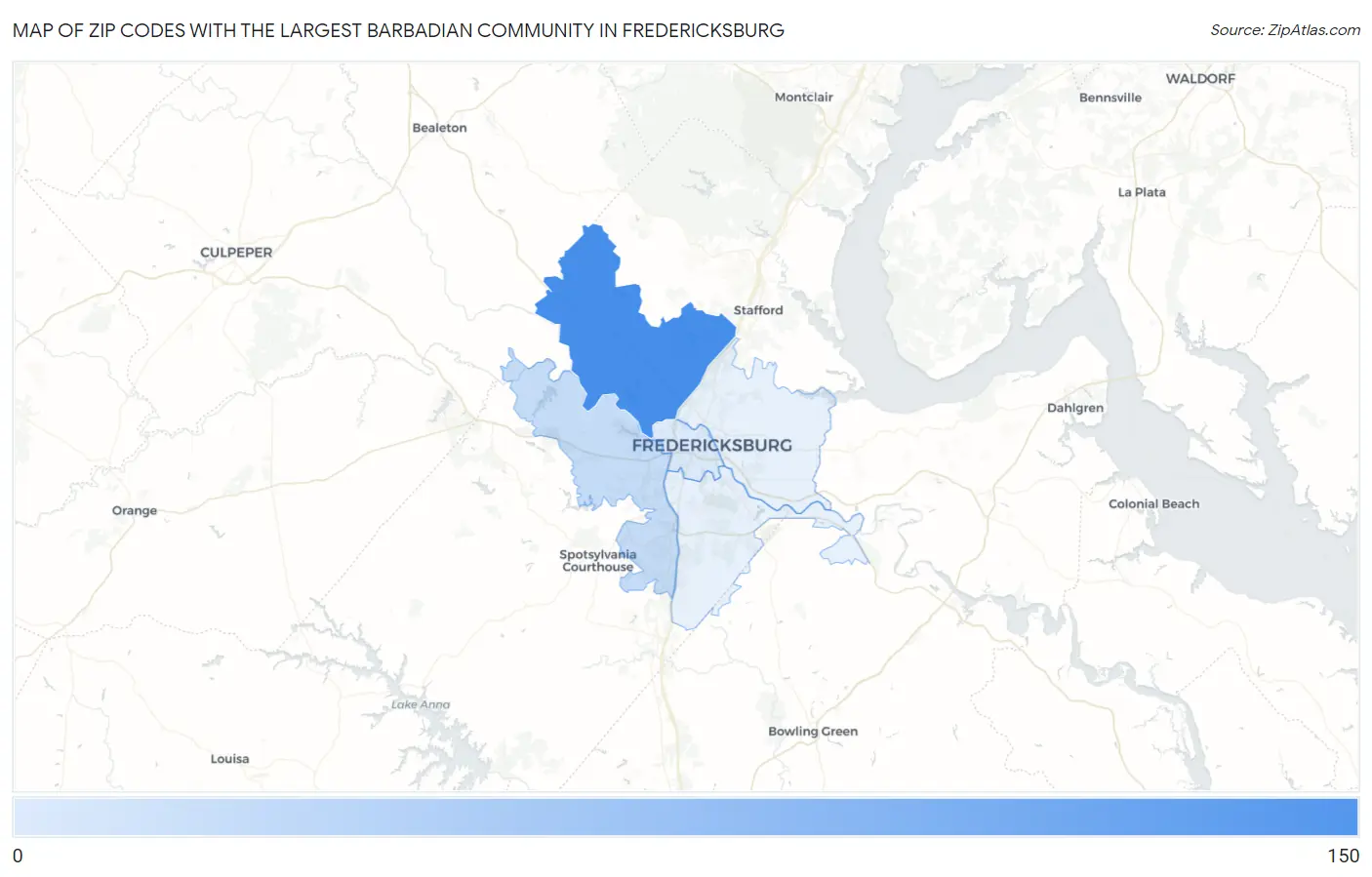 Zip Codes with the Largest Barbadian Community in Fredericksburg Map