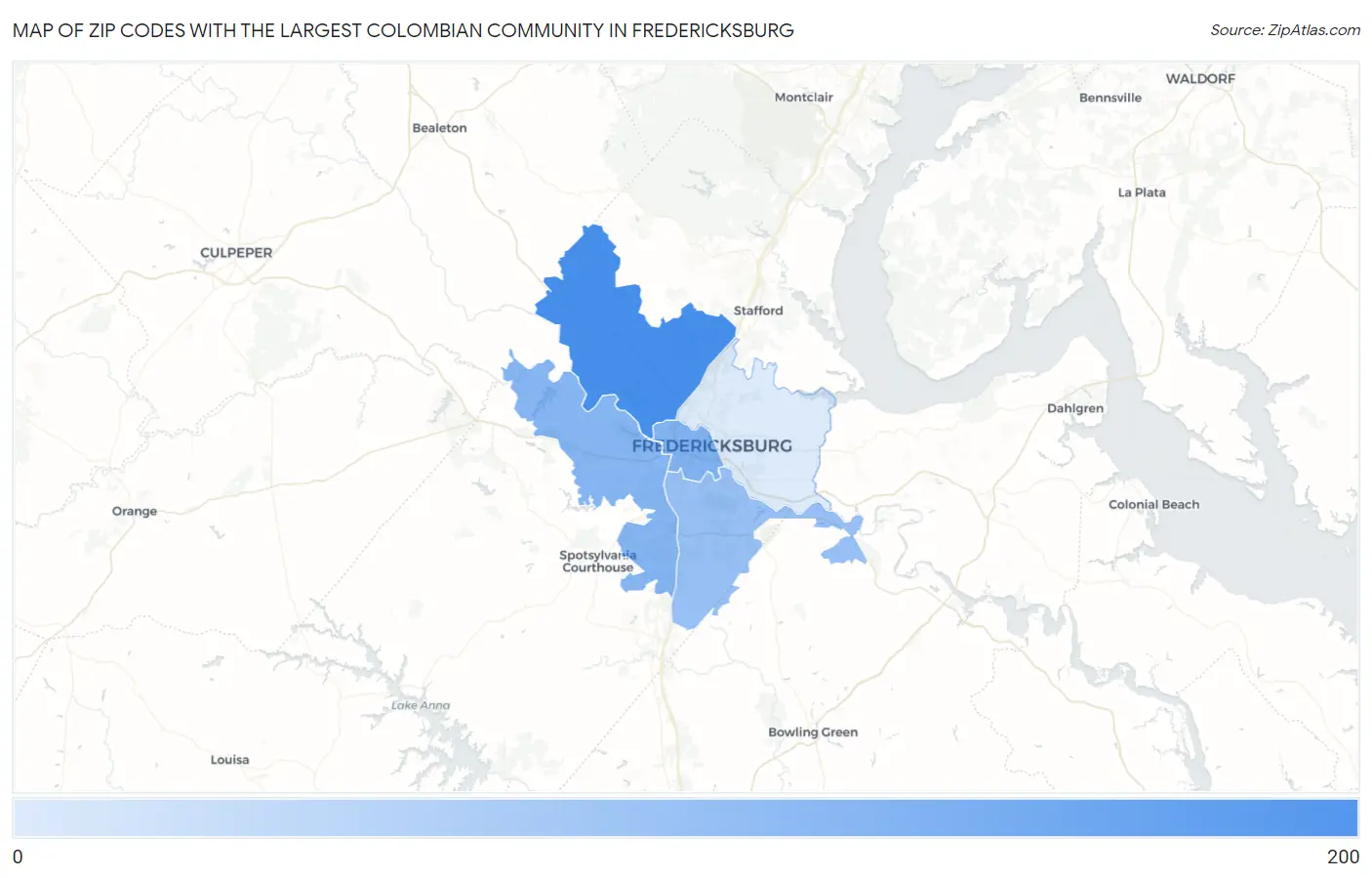 Zip Codes with the Largest Colombian Community in Fredericksburg Map