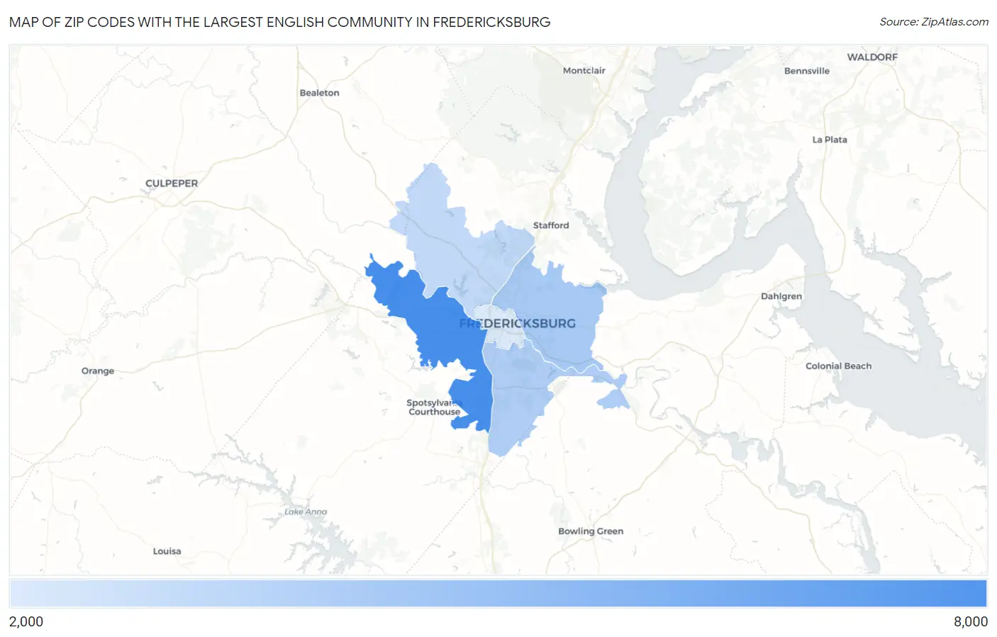 Zip Codes with the Largest English Community in Fredericksburg Map