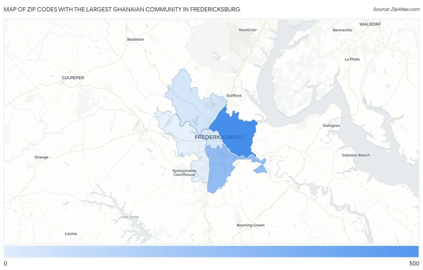 Zip Codes with the Largest Ghanaian Community in Fredericksburg Map