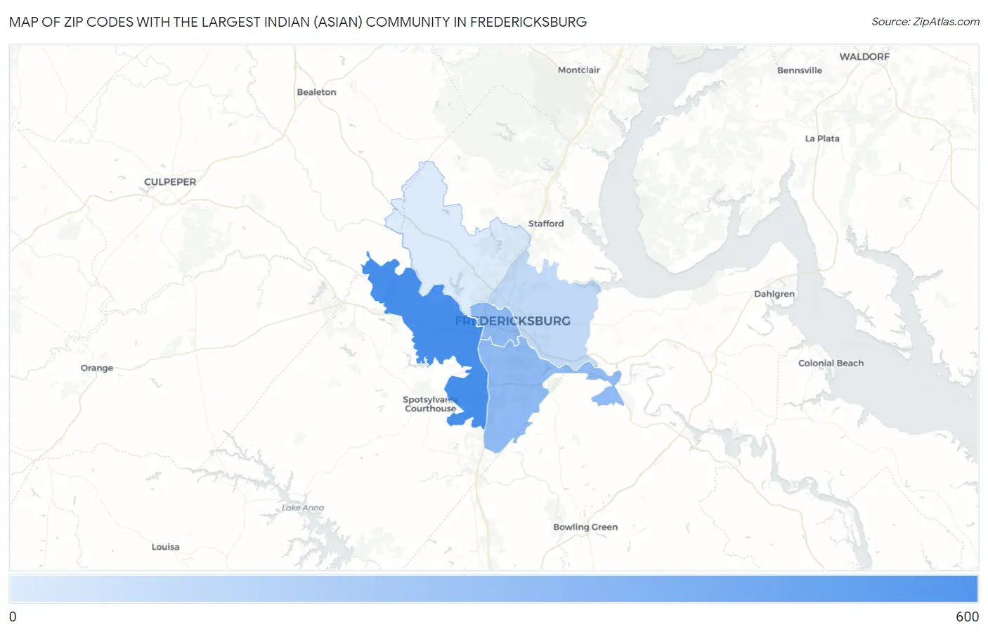 Zip Codes with the Largest Indian (Asian) Community in Fredericksburg Map