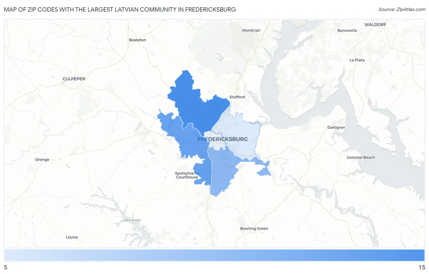 Zip Codes with the Largest Latvian Community in Fredericksburg Map