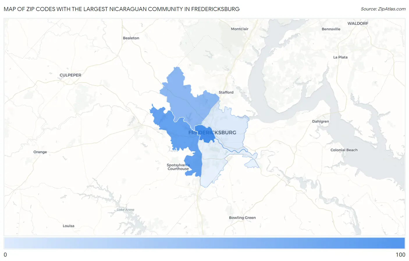 Zip Codes with the Largest Nicaraguan Community in Fredericksburg Map