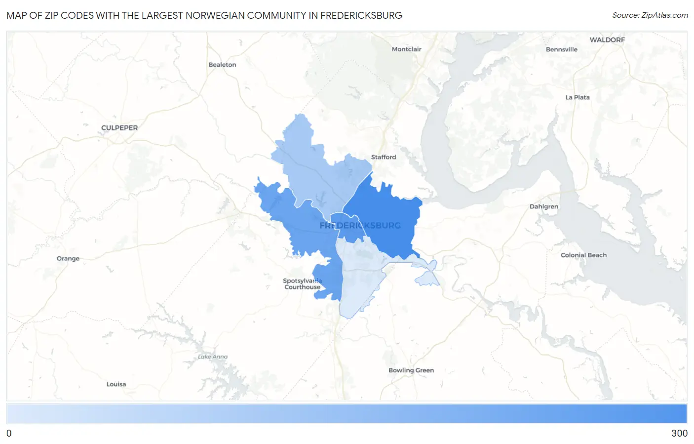 Zip Codes with the Largest Norwegian Community in Fredericksburg Map