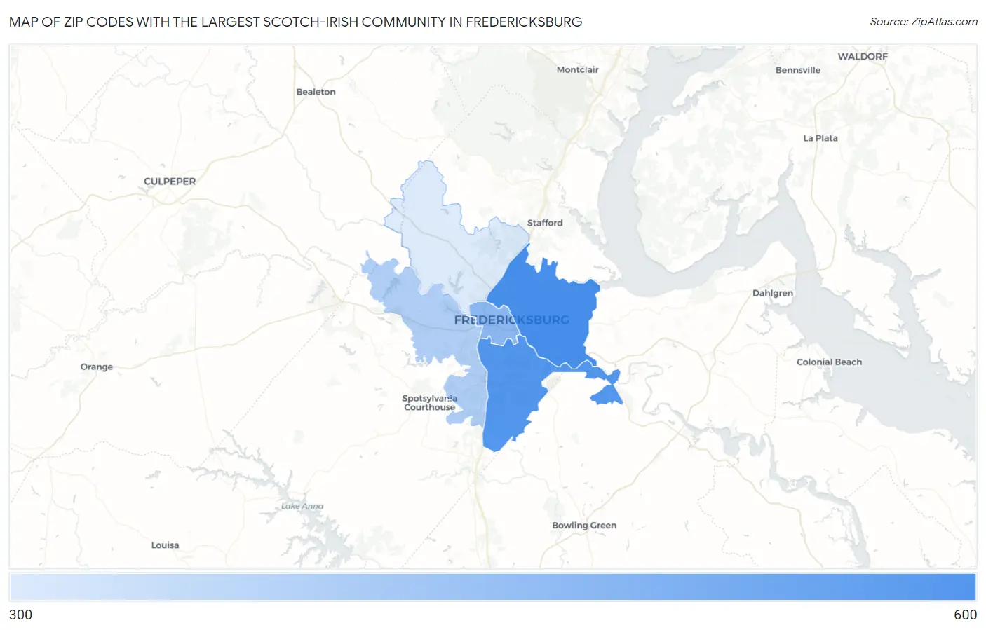 Zip Codes with the Largest Scotch-Irish Community in Fredericksburg Map