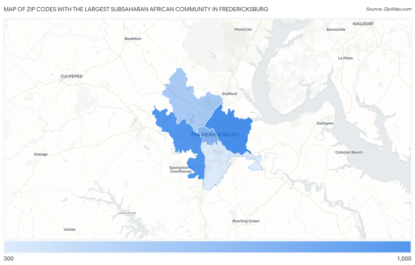 Zip Codes with the Largest Subsaharan African Community in Fredericksburg Map