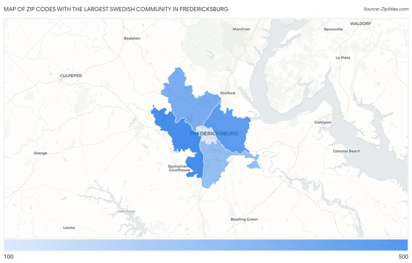 Zip Codes with the Largest Swedish Community in Fredericksburg Map