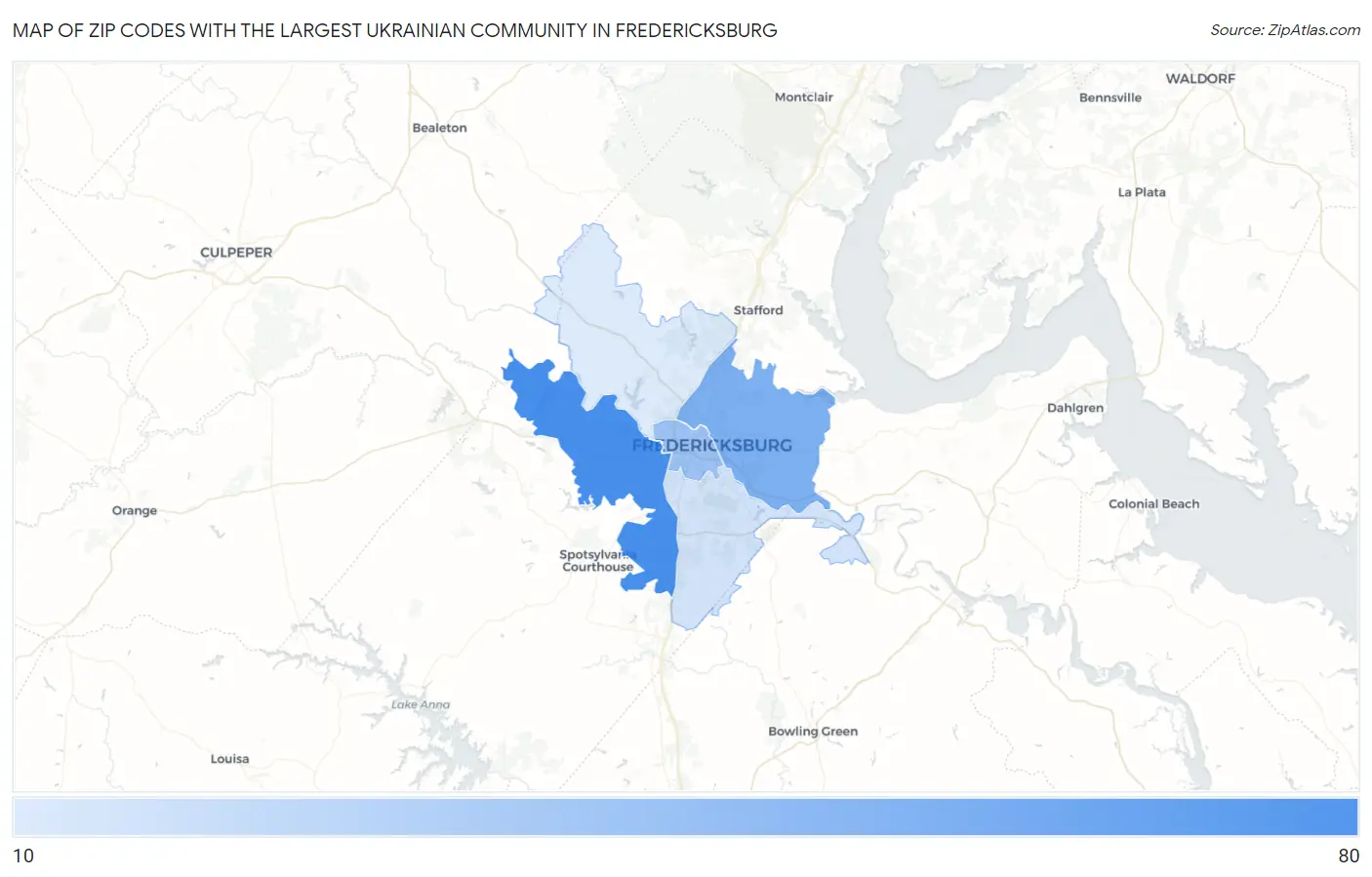 Zip Codes with the Largest Ukrainian Community in Fredericksburg Map