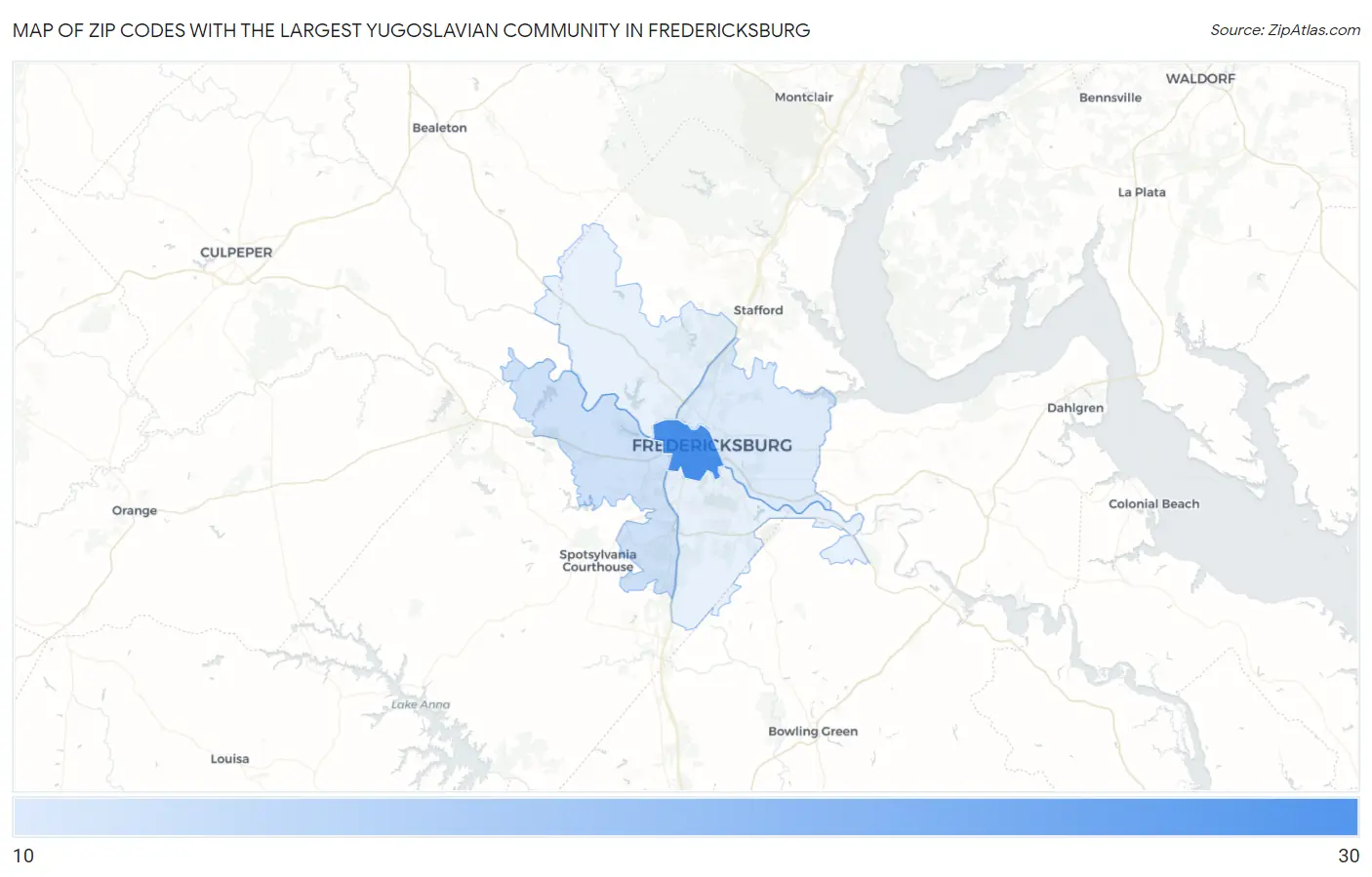 Zip Codes with the Largest Yugoslavian Community in Fredericksburg Map