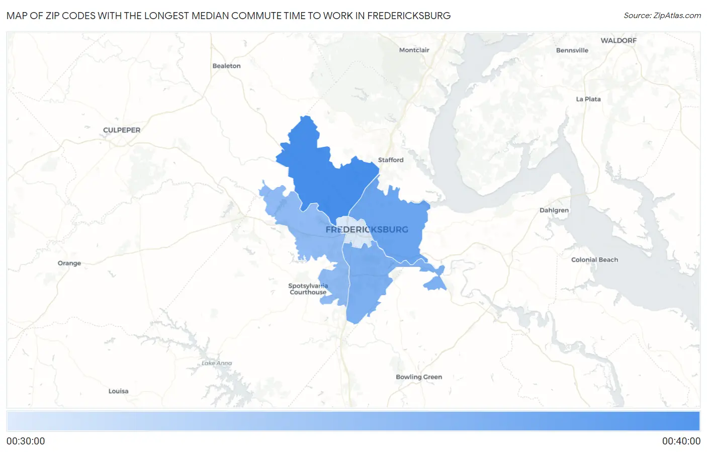 Zip Codes with the Longest Median Commute Time to Work in Fredericksburg Map