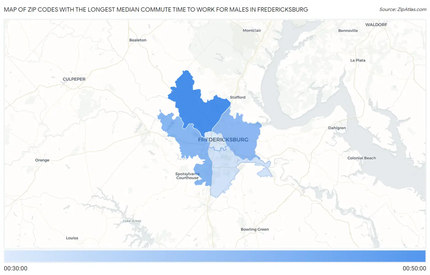 Zip Codes with the Longest Median Commute Time to Work for Males in Fredericksburg Map