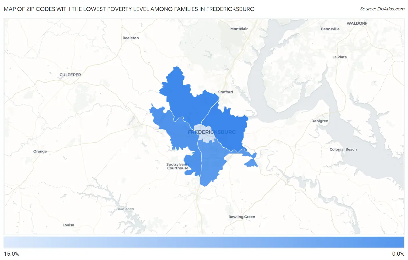 Zip Codes with the Lowest Poverty Level Among Families in Fredericksburg Map