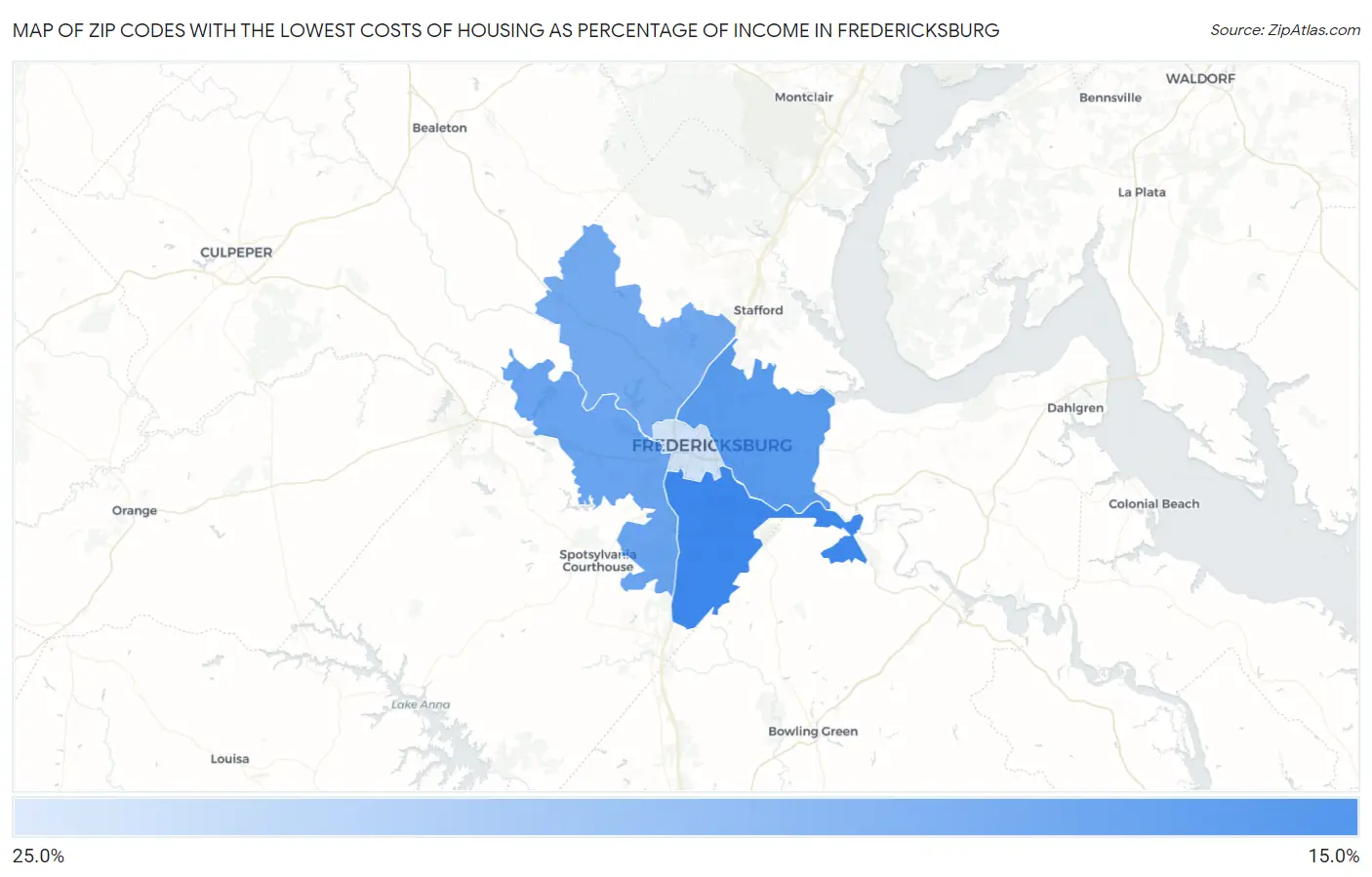 Zip Codes with the Lowest Costs of Housing as Percentage of Income in Fredericksburg Map