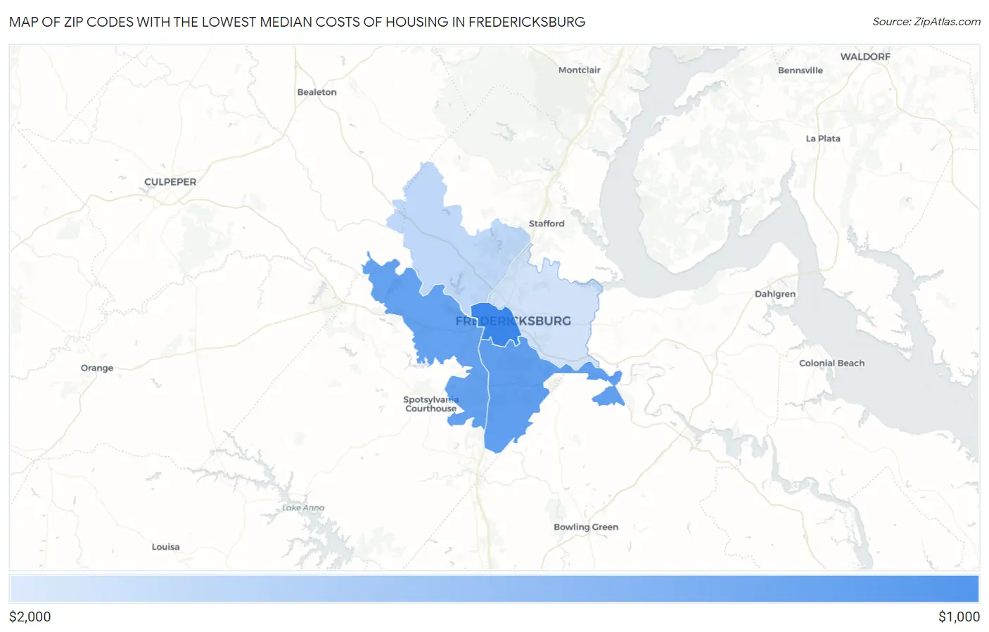 Zip Codes with the Lowest Median Costs of Housing in Fredericksburg Map