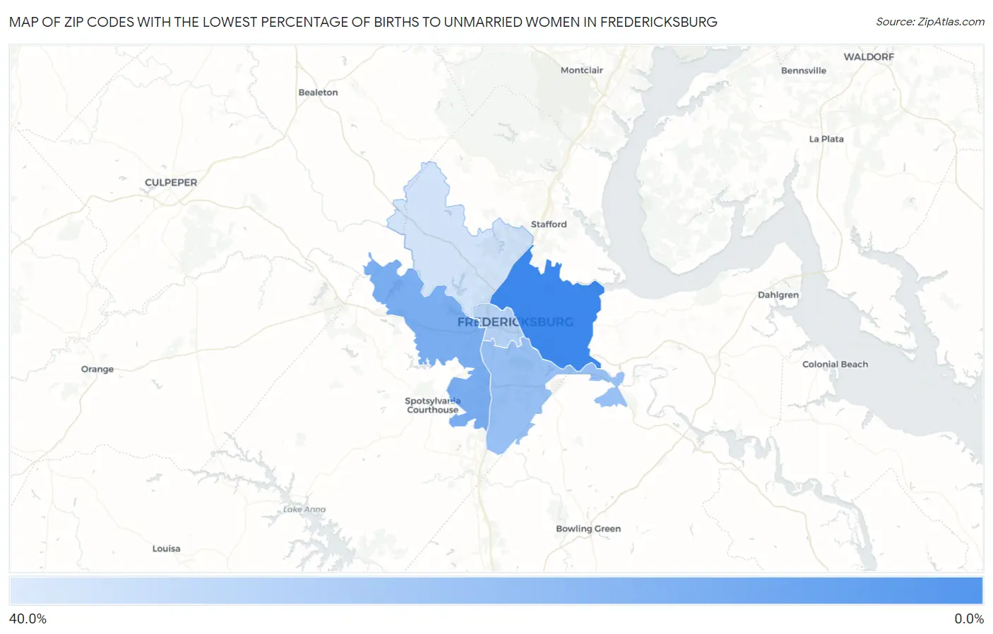 Zip Codes with the Lowest Percentage of Births to Unmarried Women in Fredericksburg Map