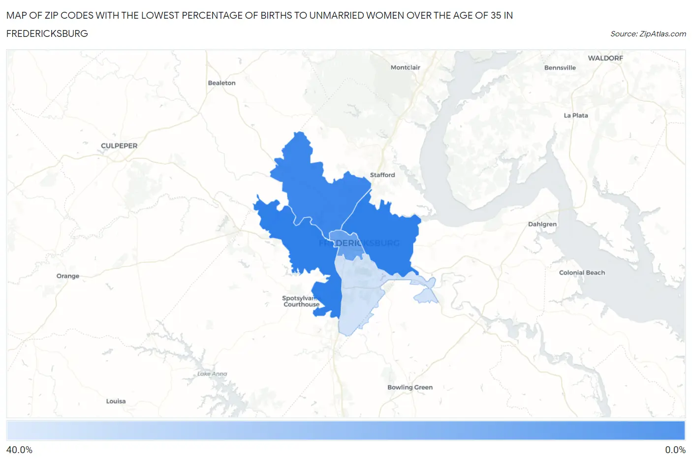 Zip Codes with the Lowest Percentage of Births to Unmarried Women over the Age of 35 in Fredericksburg Map